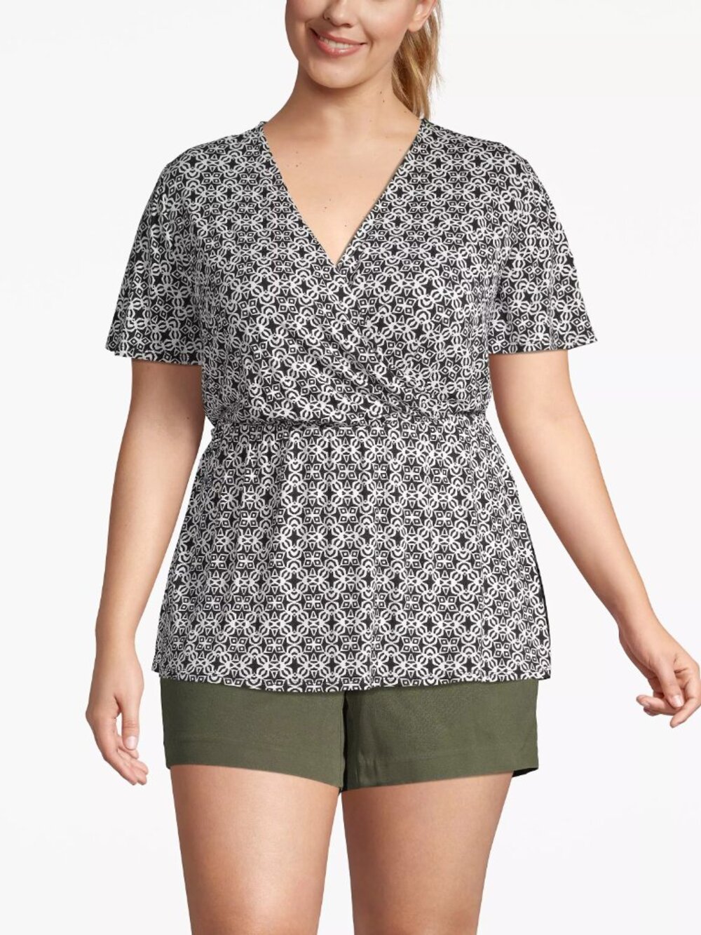 Lane Bryant Wrap Top 22/24 Black White Geometric Flutter Sleeve NWT Plus Size